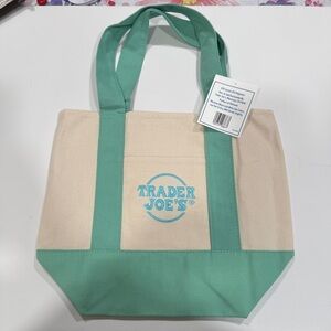 Trader Joe’s Mini Pastel Canvas Tote-2026- Spring- Green with Blue embroidery